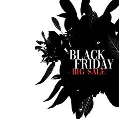 Black Friday shopping concept. Botanical black friday sale banner template design, black and white leaves.