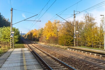 Fototapeta na wymiar Railway tracks. Rail transport. Train transport. Autumn foggy morning. Rural landscape with railway tracks in the Czech Republic.