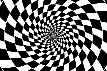 Black and white spirals of the rectangles radial expanding from the center, Optical illusion - chessboard swirl,