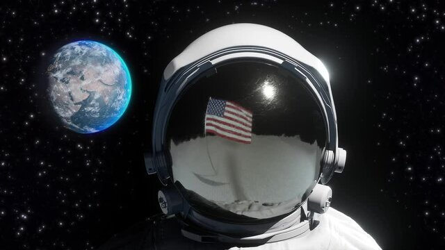 Astronaut walking on the moon surface. Space suit helmet. 3d render