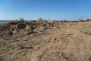 Garbage filled up on the seashore. Traces of human activity. pollution of the shores of India and Srilanka.