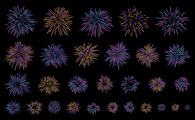 Hand drawn fireworks. Festival firework explosions in different sizes, multi coloured burst vector set