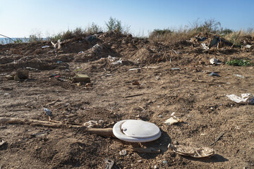 Garbage filled up on the seashore. Traces of human activity. pollution of the shores of India and Srilanka.