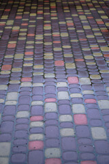 Fototapeta premium Multi-colored paving stones in the water. The texture of stones in the rain. Photo background