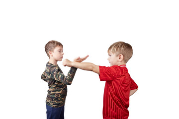 On white isolated background two boys athlete doing block against hand punch