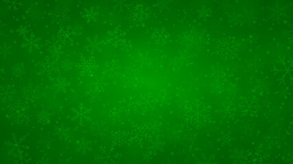 Christmas background of snowflakes of different shapes, sizes and transparency in green colors