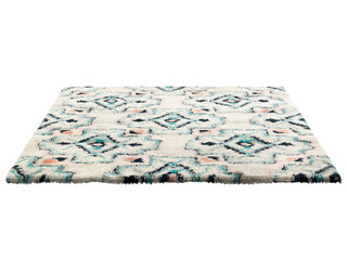 Modern light beige fluffy rectangular carpet with a blue geometric pattern. 3d render