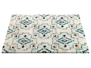 Modern light beige fluffy rectangular carpet with a blue geometric pattern. 3d render