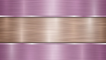 Background consisting of a bronze shiny metallic surface and two horizontal polished purple plates located above and below, with a metal texture, glares and burnished edges