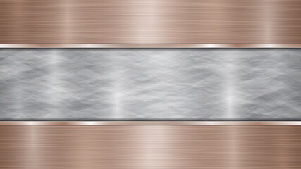Background consisting of a silver shiny metallic surface and two horizontal polished bronze plates located above and below, with a metal texture, glares and burnished edges