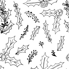 Mistletoe Christmas vector pattern. Seamless pattern with winter herbs on white background. For wrapping paper, textile, greeting cards, wallpapers.