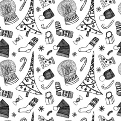 Christmas seamless pattern. Christmas hat, ice skates, socks, gift box, snow ball. Hand drawn holiday elements isolated on white background. Vector stock pattern. Holiday decor.