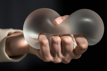 Silicone implant of the female breast during the demonstration of its quality.