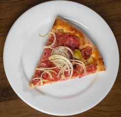 Pepperoni Pizza slice made with slices of onions, mozzarella cheese and green olives. Served on the plate. Gastronomic photography close up.