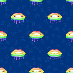 Melting lips seamless pattern in rainbow colors. Colorful gay pride for textiles sample of homosexuality design. Illustration of an open mouth with white teeth