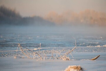 frosty morning, frozen river, forest in the distance
