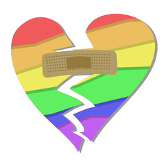 Broken heart with plaster. simple single icon. LGBT style heart drawing isolated on white background