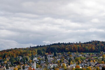 Panoramic view of village Urdorf, Switzerland, residential district with mixed forest on the...