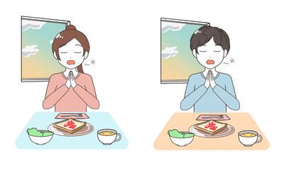 眠そうに朝食を食べ始める