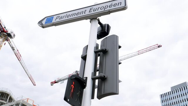 Low angle view of European Parliament direction sign to the building - the Parliament cancels Strasbourg session and goes virtual