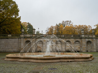 Fountain in the public park, no people, autumn time. Warsaw, Poland