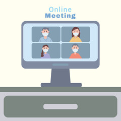 young people wearing face masks in desktop online meeting