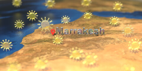 Marrakesh city and sunny weather icon on the map, weather forecast related 3D rendering