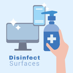 hand with antibacterial soap bottle and electronic devices disinfect surfaces