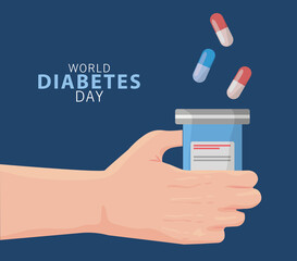 world diabetes day campaign with hand lifting bottle drugs