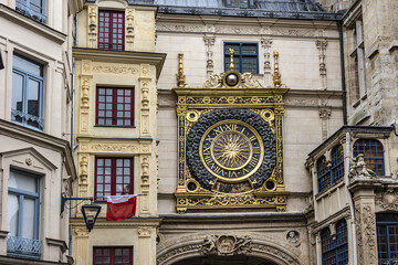 Great-Clock (Gros Horloge) - astronomical clock located in Gros Horloge Street. Clock mechanism one of oldest in France, movement made in 1389. Rouen, Seine-Maritime department, Upper Normandy, France