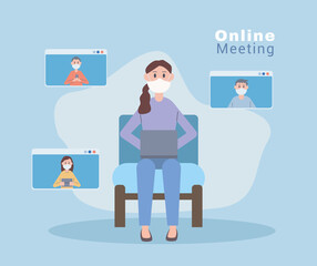 woman wearing medical mask online meeting