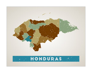 Honduras map. Country poster with regions. Old grunge texture. Shape of Honduras with country name. Beautiful vector illustration.