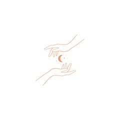 Human hand moonlight logo or icon symbol. Night sky concept, a phase of the Moon. Isolated on white background. Vector emblem in a minimal linear style.