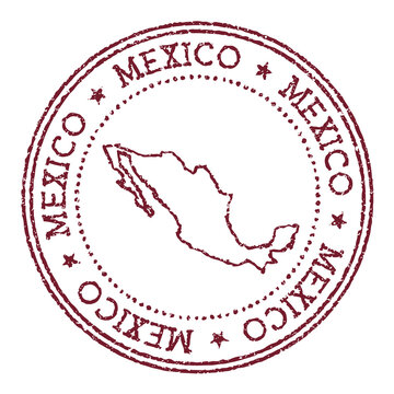 Mexico round rubber stamp with country map. Vintage red passport stamp with circular text and stars, vector illustration.