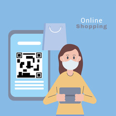 woman wearing medical mask character online shopping