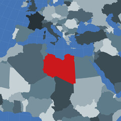 Shape of Libya in context of neighbor countries. Country highlighted with red color on world map. Libya map template. Vector illustration.