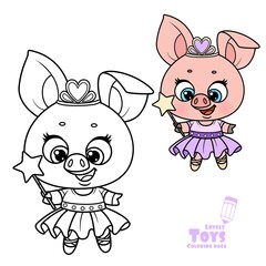 Cute cartoon soft toy princess pig outlined and color for coloring book
