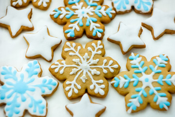 Colorful Christmas ginger cookies in the form of snowflakes