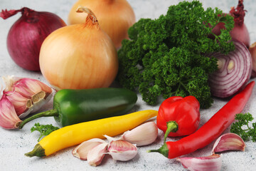 Different spices: onion. garlic, parsley and pepper