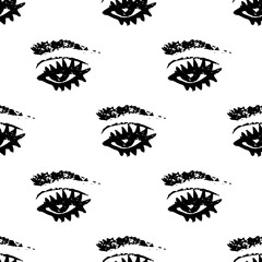 Hand drawn woman grunge eyes with mascara seamless pattern