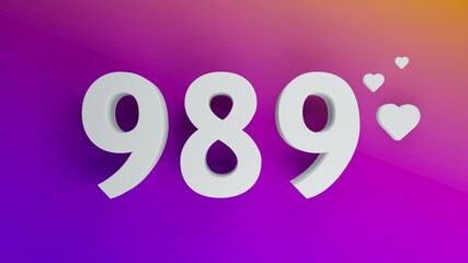 Number 989 in white on purple and orange gradient background, social media isolated number 3d render
