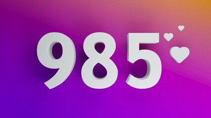 Number 985 in white on purple and orange gradient background, social media isolated number 3d render