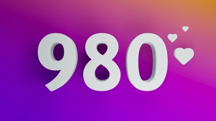 Number 980 in white on purple and orange gradient background, social media isolated number 3d render