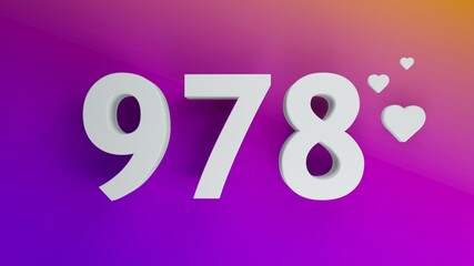 Number 978 in white on purple and orange gradient background, social media isolated number 3d render