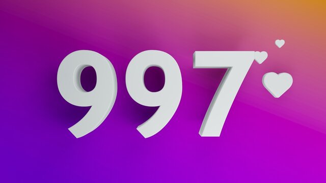 Number 997 in white on purple and orange gradient background, social media isolated number 3d render
