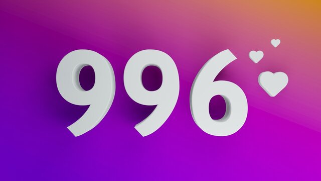 Number 996 in white on purple and orange gradient background, social media isolated number 3d render