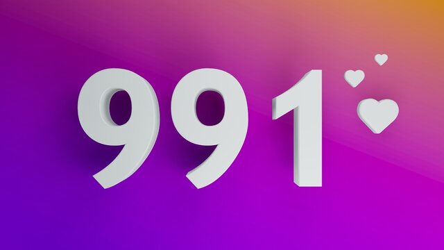 Number 991 in white on purple and orange gradient background, social media isolated number 3d render