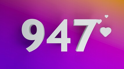 Number 947 in white on purple and orange gradient background, social media isolated number 3d render