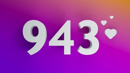 Number 943 in white on purple and orange gradient background, social media isolated number 3d render