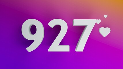 Number 927 in white on purple and orange gradient background, social media isolated number 3d render